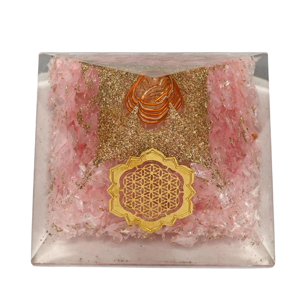Rose Quartz Orgone Pyramid - Lotus Flower of Life