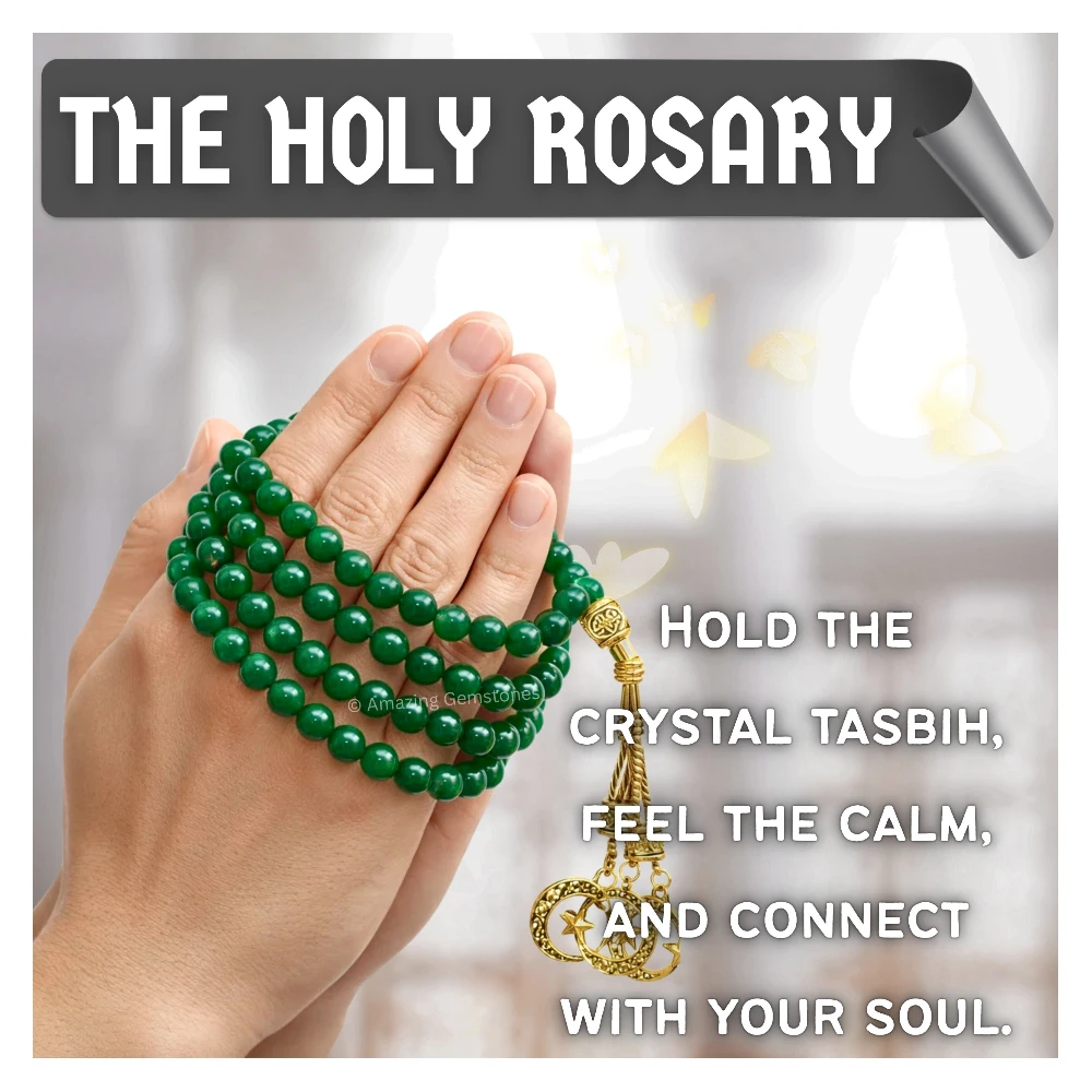 Green Jade (Dye) Crystal Tasbeeh Sibha Prayer Beads (Gold)