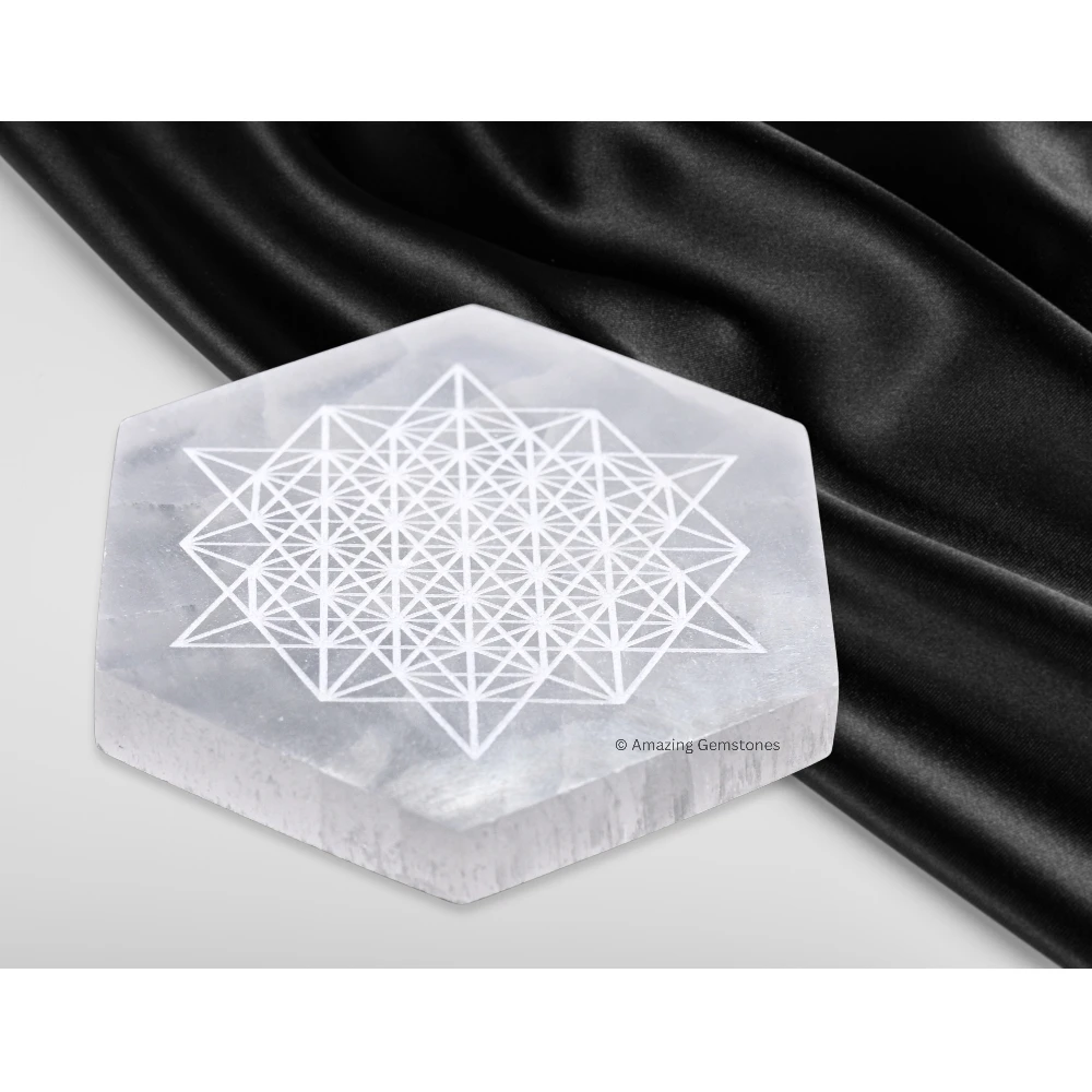 Selenite Charging Plate - Hexagon Star Flower of Life (4 Inch)