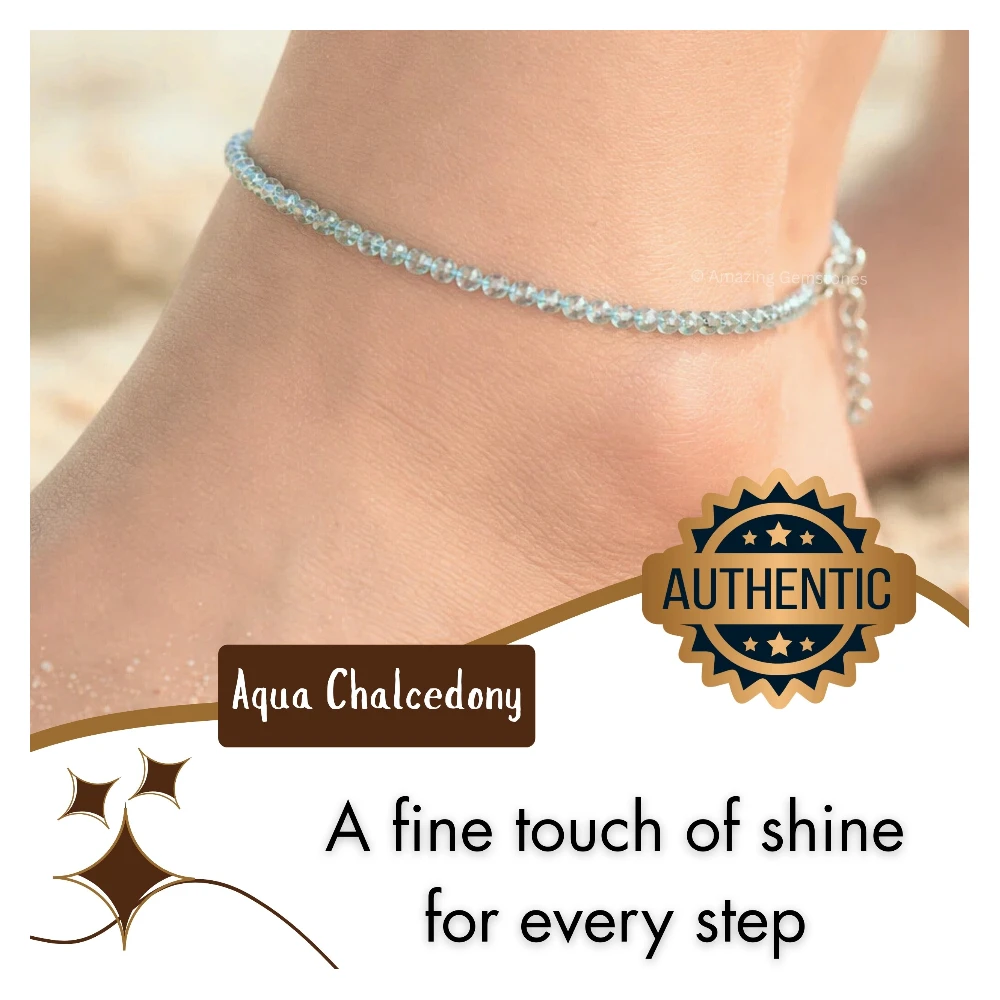 Aqua Chalcedony Crystal Anklet - 2mm Faceted Bead (Silver)