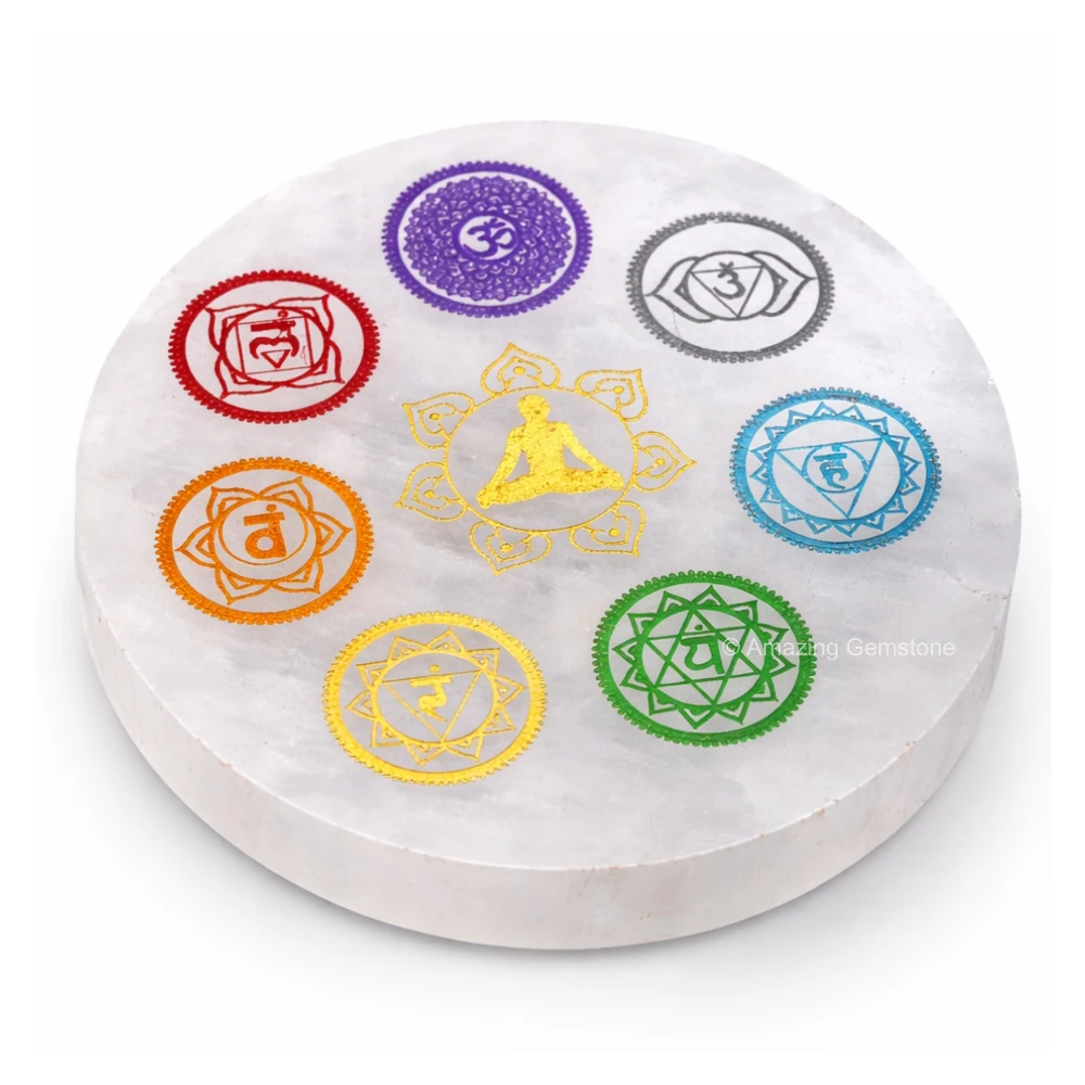 Selenite Charging Plate - 7 Chakra (Round) (3 Inch)