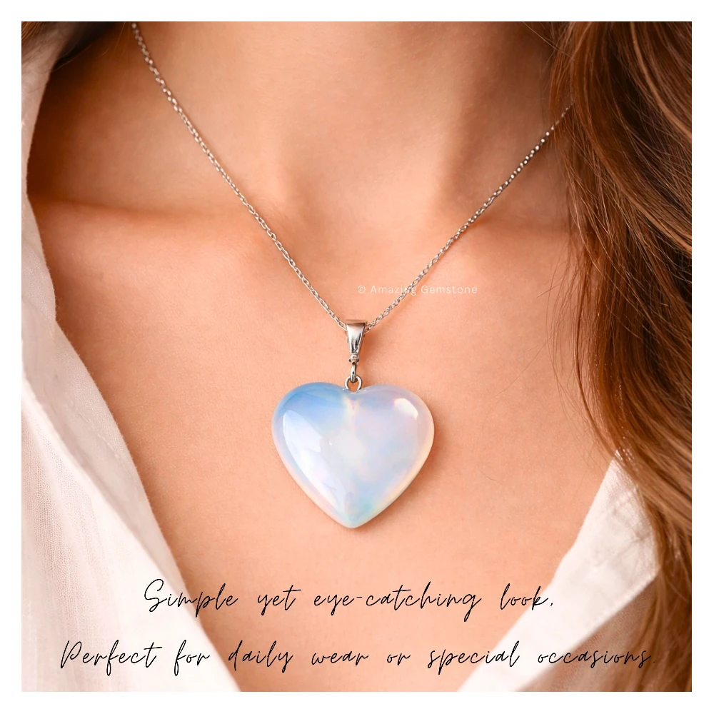 Opalite Heart Crystal Necklace (Puffy Heart)