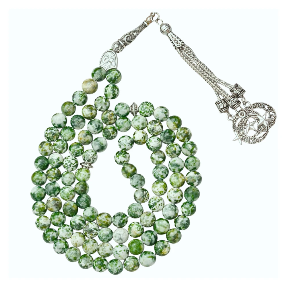 Tree Agate Crystal Tasbeeh Sibha Prayer Beads (Silver)