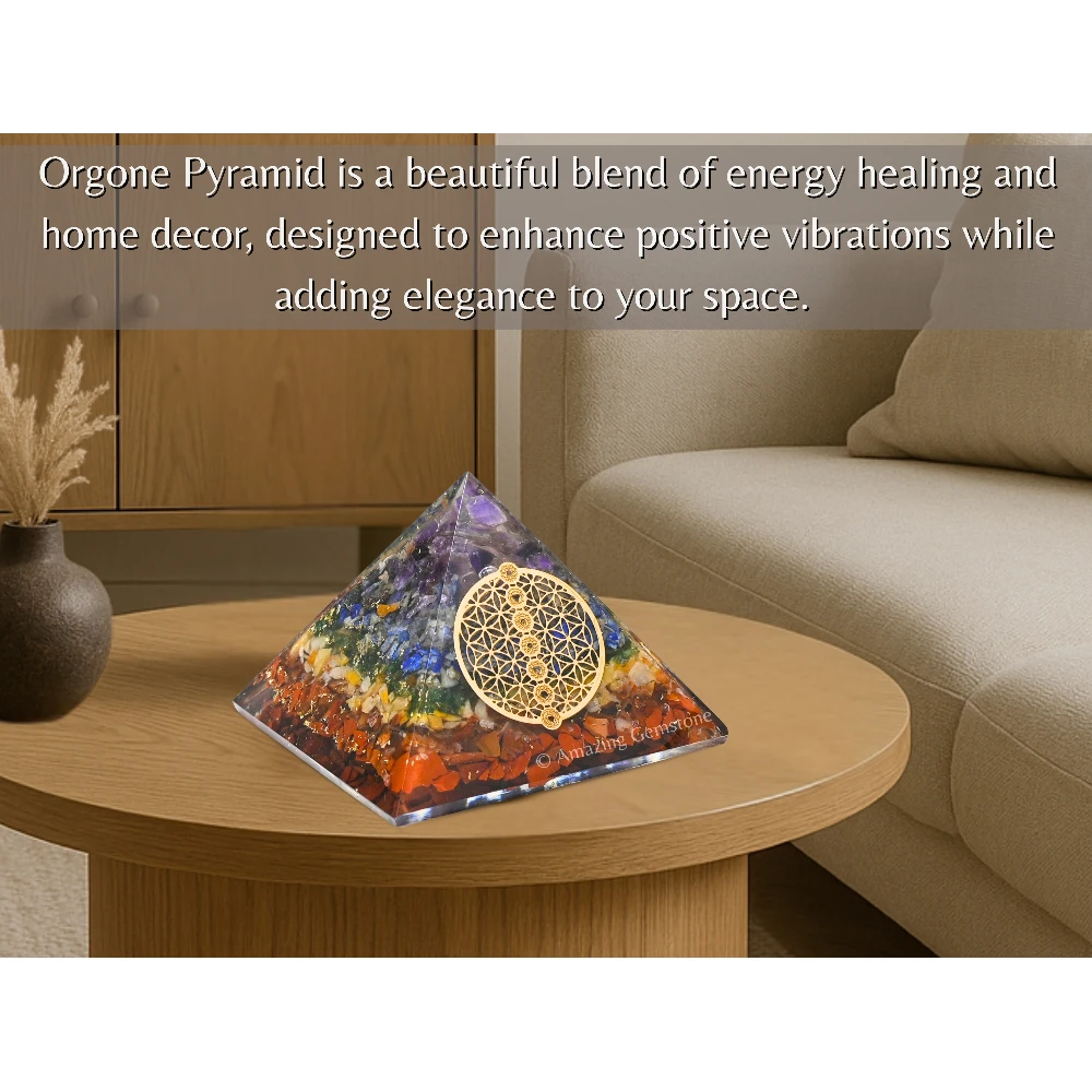 Natural Chakra Orgone Pyramid - Chakra Flower of Life
