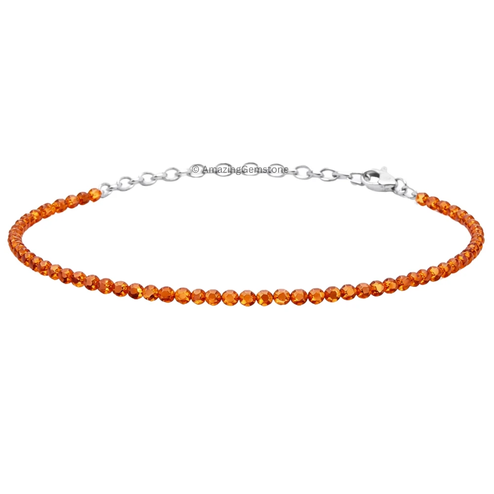 Hessonite Garnet Crystal Bracelet - 2mm Faceted Bead (Silver)
