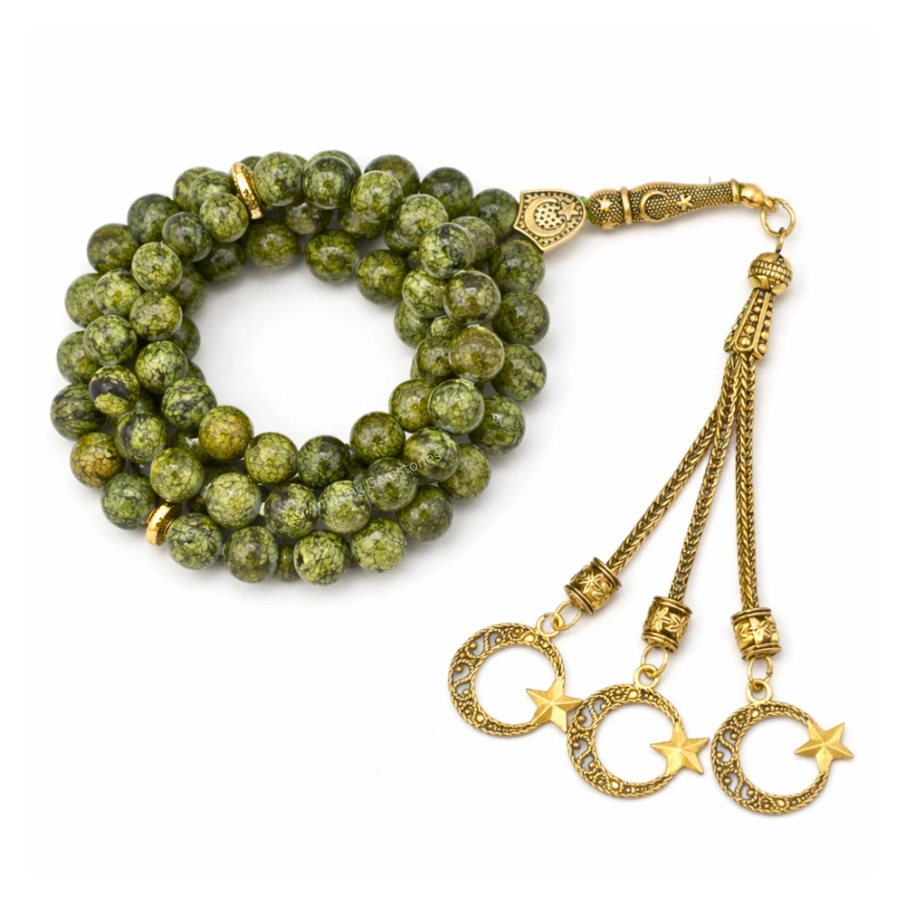 Serpentine Crystal Russian Tasbeeh Sibha Prayer Beads (Gold)