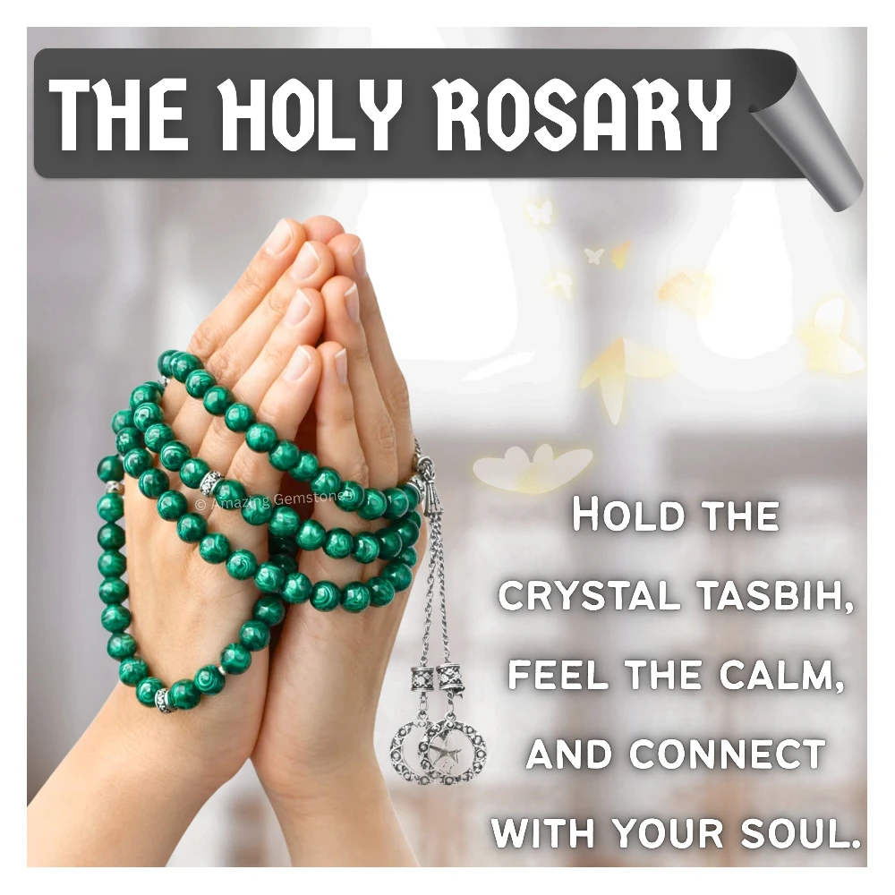 Malachite Crystal Tasbeeh Sibha Prayer Beads (Silver)