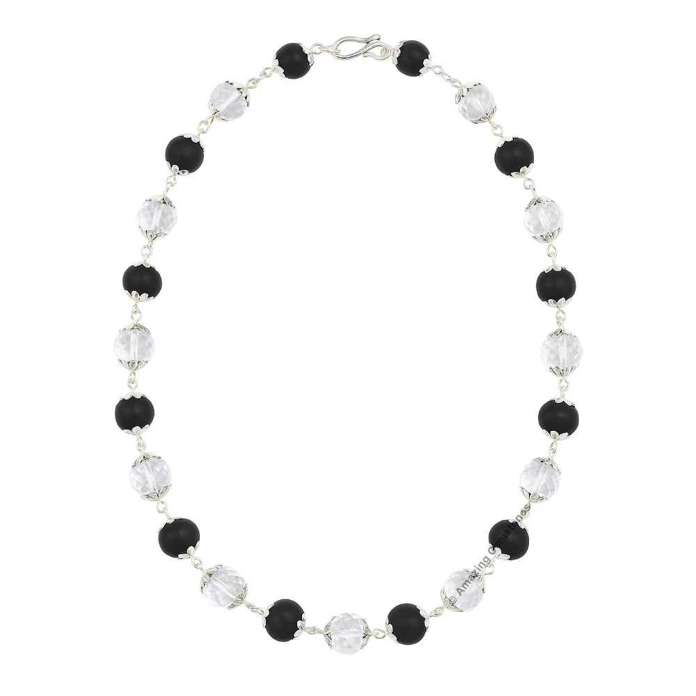 Karungali and Sphatik Mala Necklace (Silver Chain - Faceted)