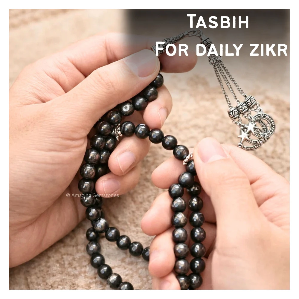 Silver Sheen Obsidian Crystal Tasbeeh Sibha Prayer Beads (Silver)
