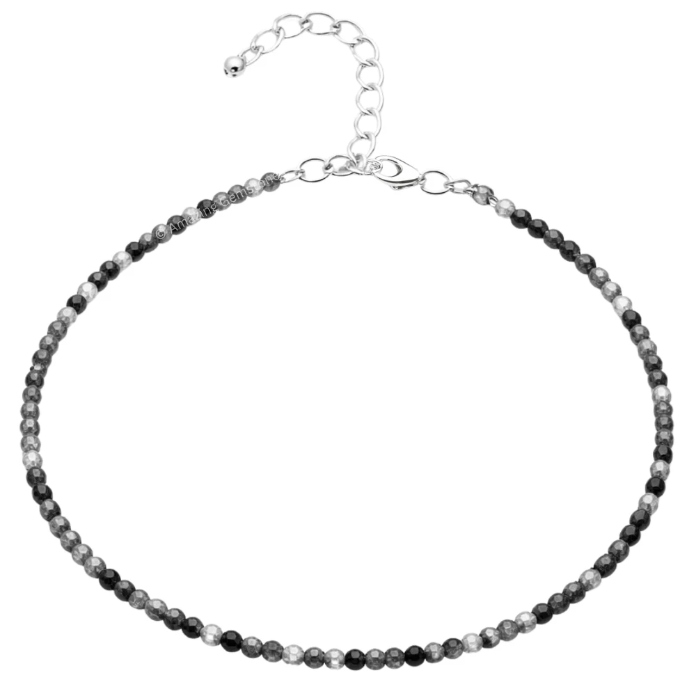 Black Rutilated Quartz Crystal Anklet - 2mm Faceted Bead (Silver)