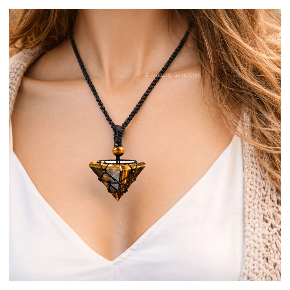 Tiger Eye Pyramid Pendant Necklace (Macrame)