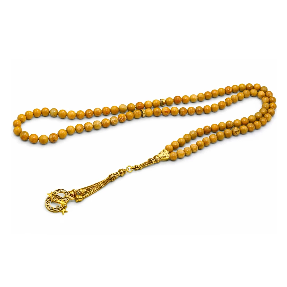 Yellow Jasper Crystal Tasbeeh Sibha Prayer Beads (Gold)
