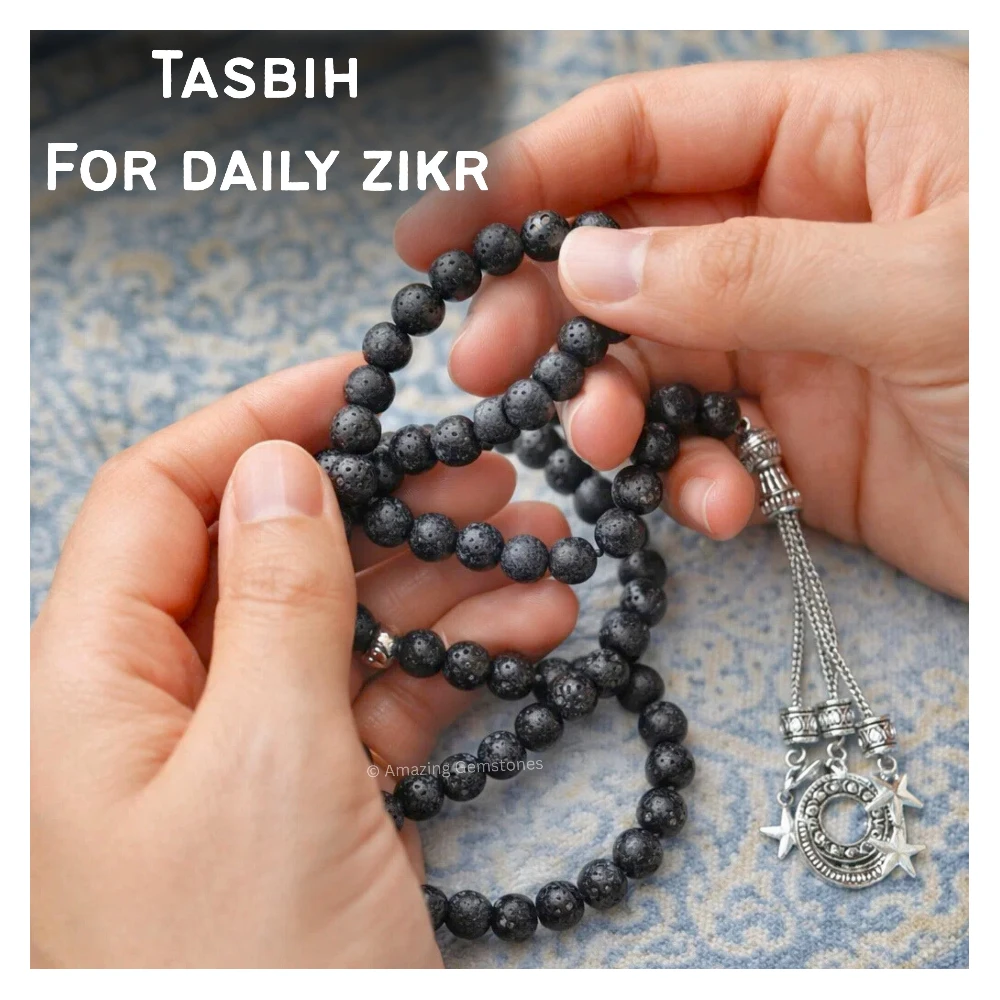 Lava Stone Crystal Tasbeeh Sibha Prayer Beads (Silver)
