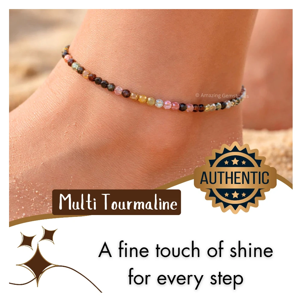 Multi Tourmaline Crystal Anklet - 2mm Faceted Bead (Silver)