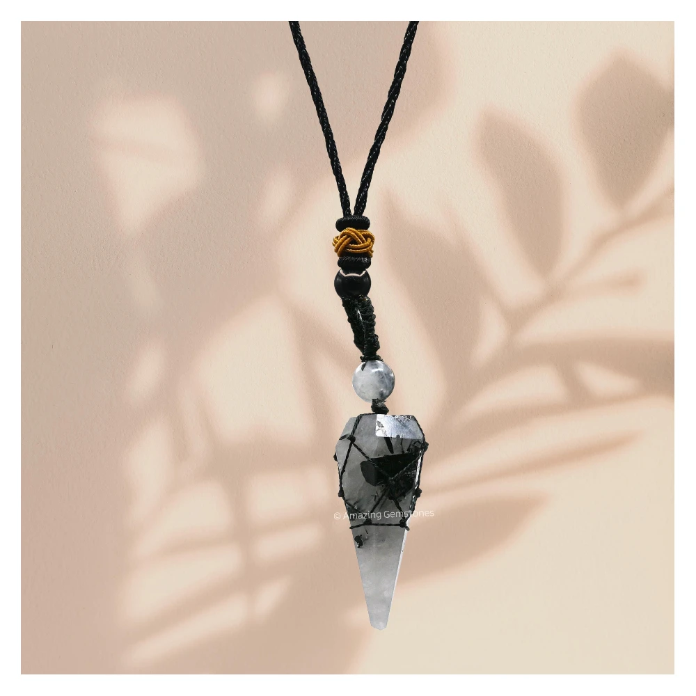 Black Rutilated Quartz Pendulum Pendant Necklace (Macrame)