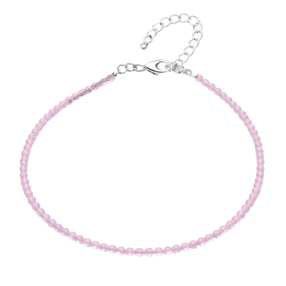 Rose Quartz Crystal Anklet - 2mm Faceted Bead (Silver)