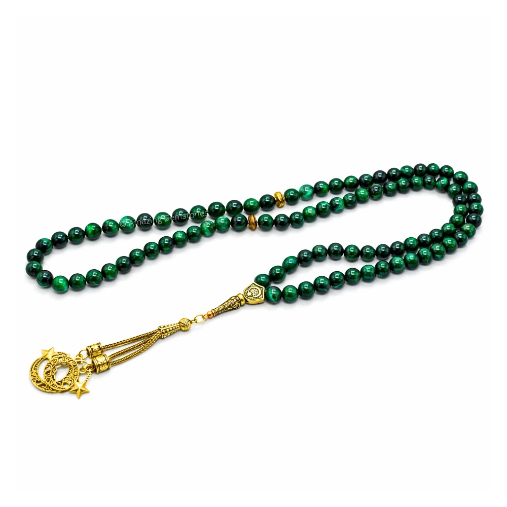 Green Tiger Eye Crystal Tasbeeh Sibha Prayer Beads (Gold)