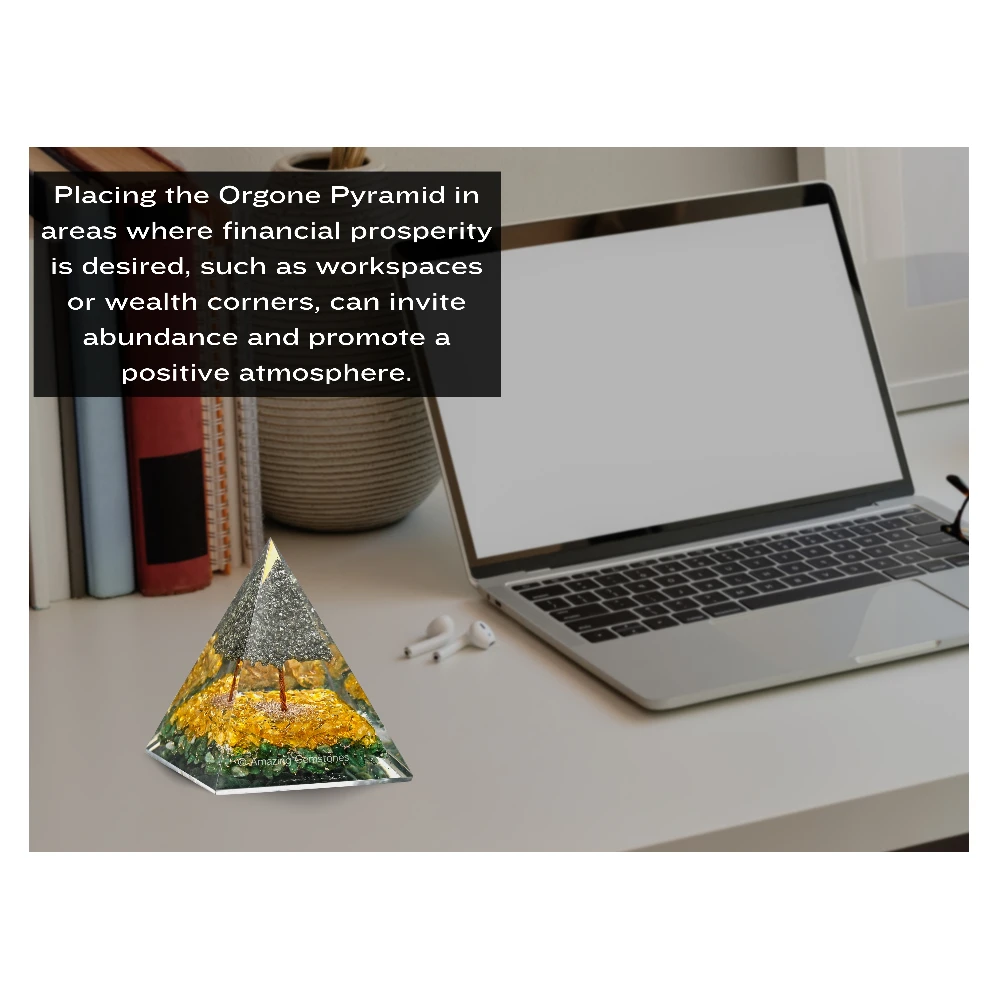 Green Aventurine, Citrine Orgone Pyramid with Pyrite Tree - 70 mm