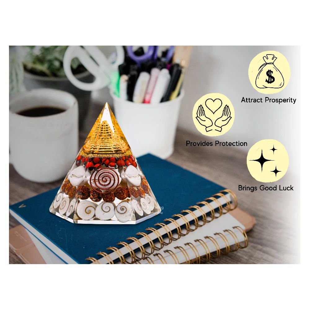 Shri Yantra Gomati Chakra Rudraksha Pyramid - Hexagonal Wealth Pyramid