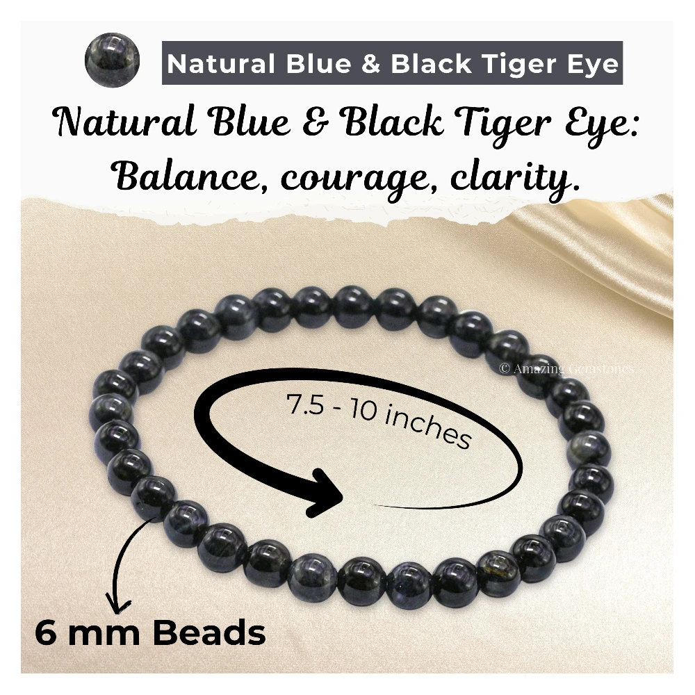 Blue & Black Tiger Eye Healing Crystal Bracelets - 6mm Beads