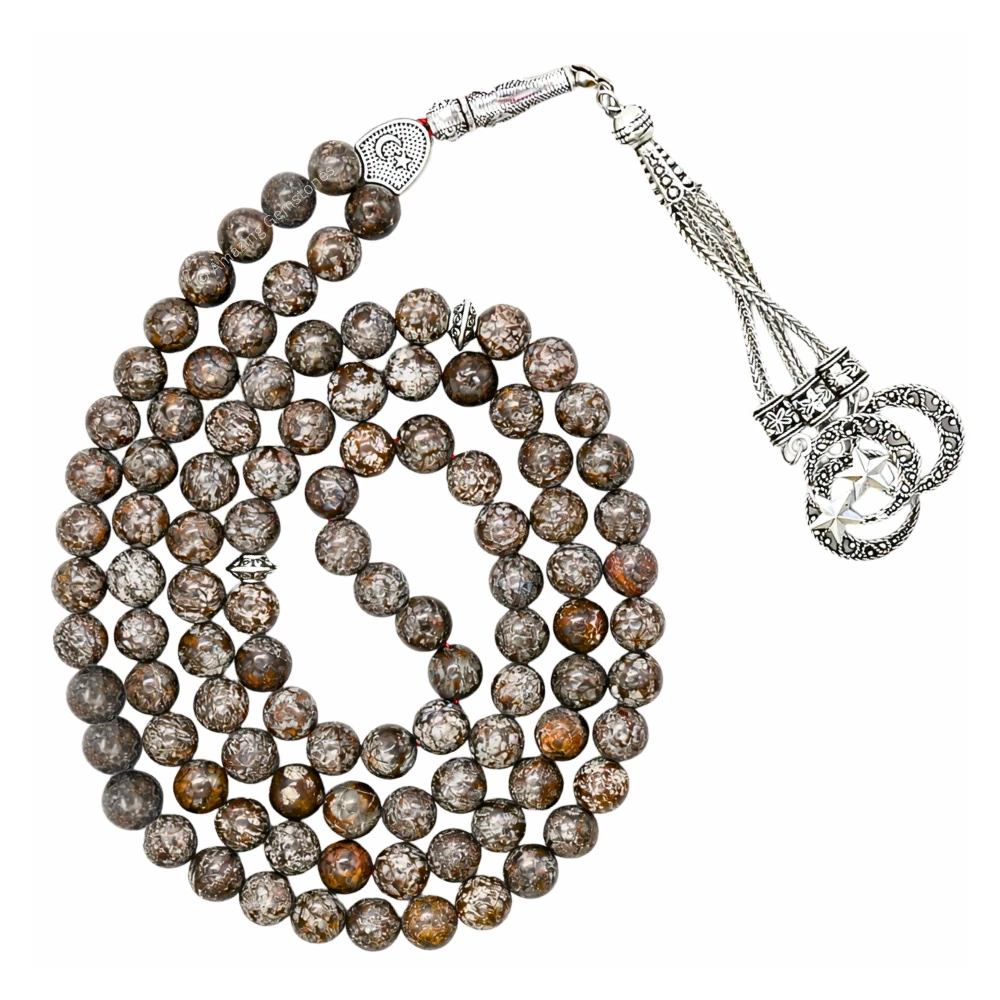 Brown Snowflake Obsidian Crystal Tasbeeh Sibha Prayer Beads (Silver)