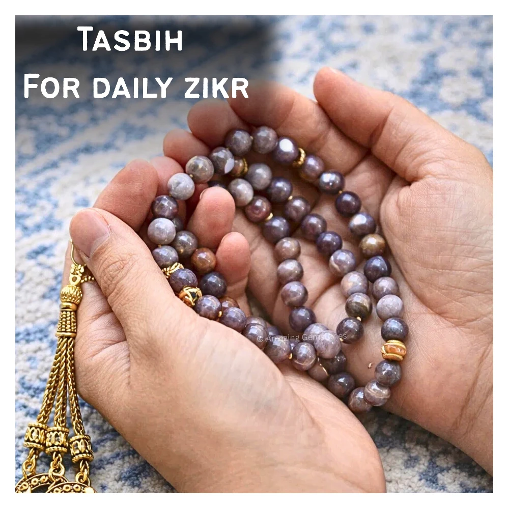 Botswana Agate Crystal Tasbeeh Sibha Prayer Beads (Gold)