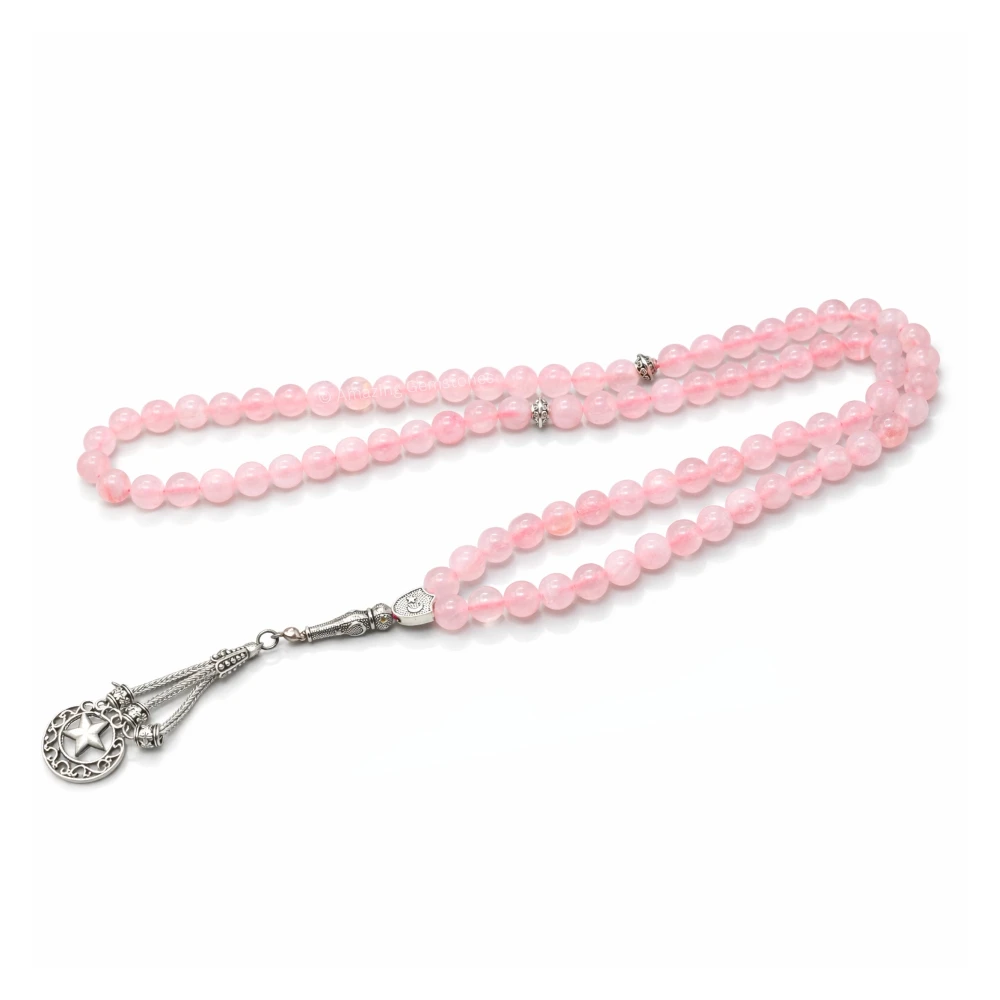 Rose Quartz Crystal Tasbeeh Sibha Prayer Beads (Silver)