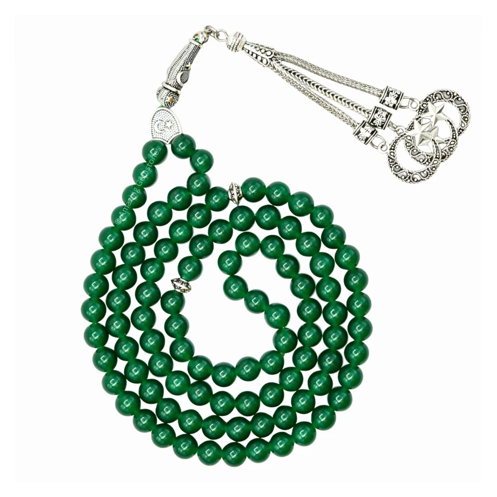 Green Jade Crystal Tasbeeh Sibha Prayer Beads (Silver)
