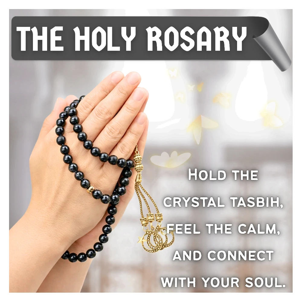 Black Tourmaline Crystal Tasbeeh Sibha Prayer Beads (Gold)
