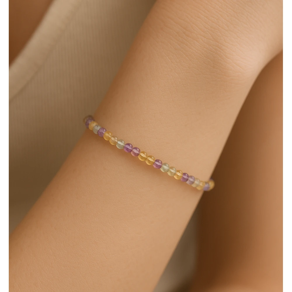 Yellow Fluorite Crystal Bracelet - 2mm Faceted Bead (Silver)
