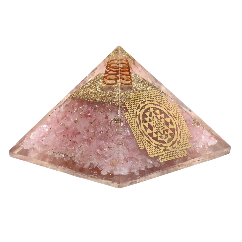 Rose Quartz Orgone Pyramid - Sri Yantra