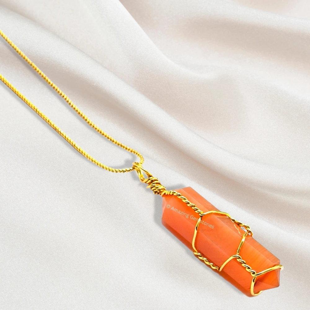 Carnelian Necklace - Wire Wrapped Double Point (Gold)