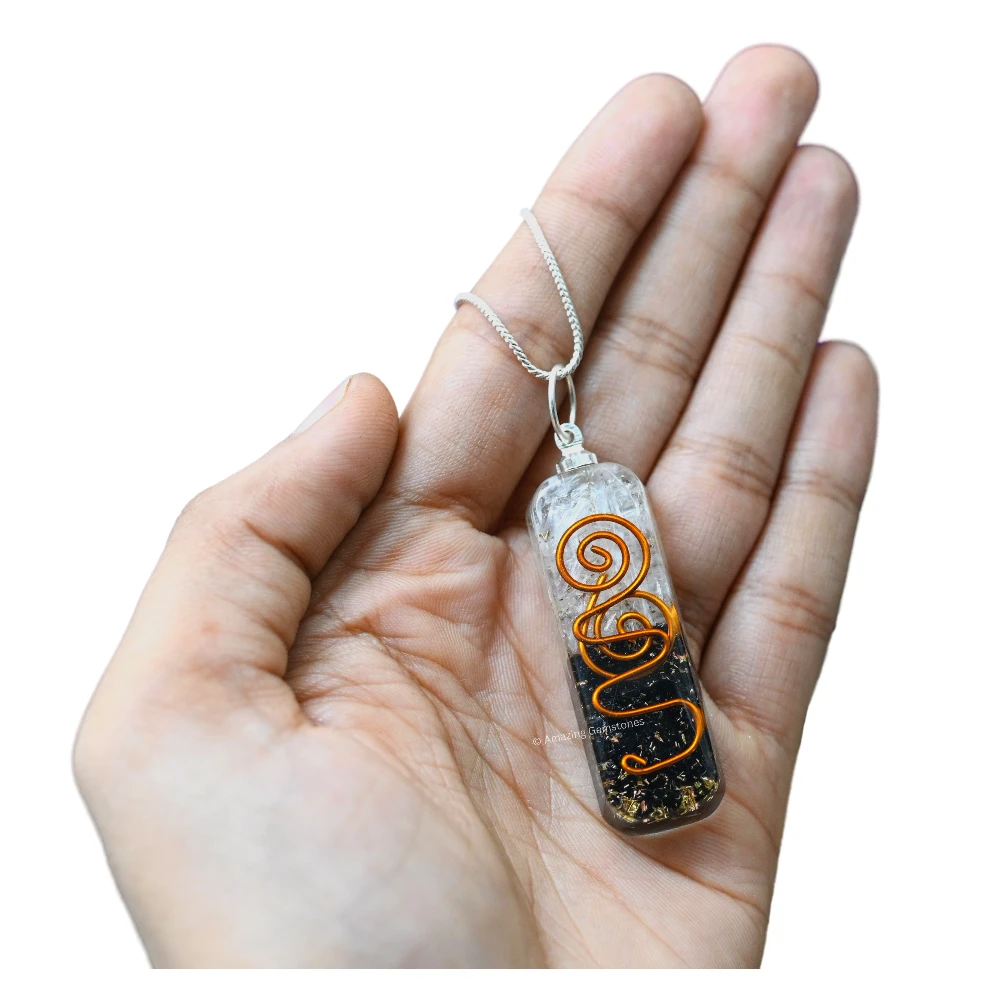 Black Tourmaline Selenite Crystal Orgone Pendant - Rectangle