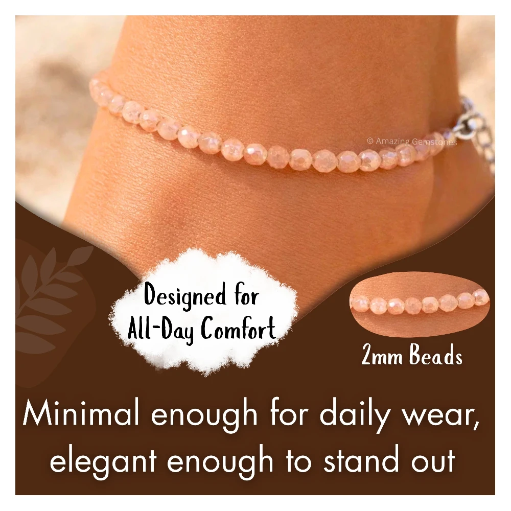 Peach Moonstone Crystal Anklet - 2mm Faceted Bead (Silver)