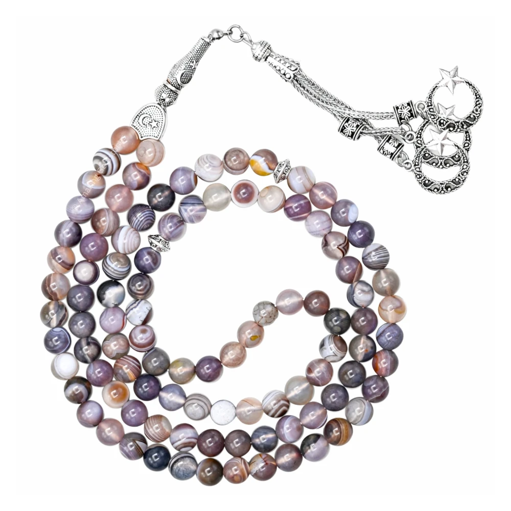 Botswana Agate Crystal Tasbeeh Sibha Prayer Beads (Silver)