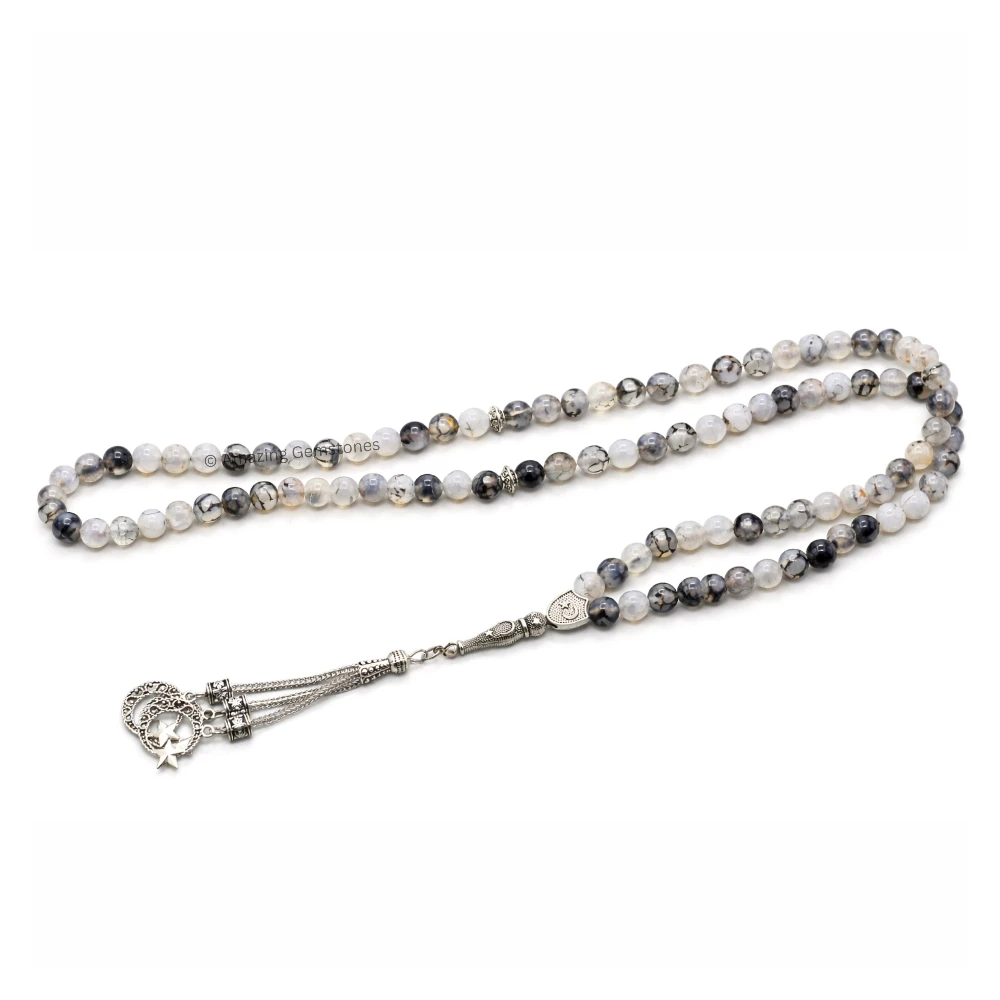Dragon Vein Agate Crystal Tasbeeh Sibha Prayer Beads (Silver)