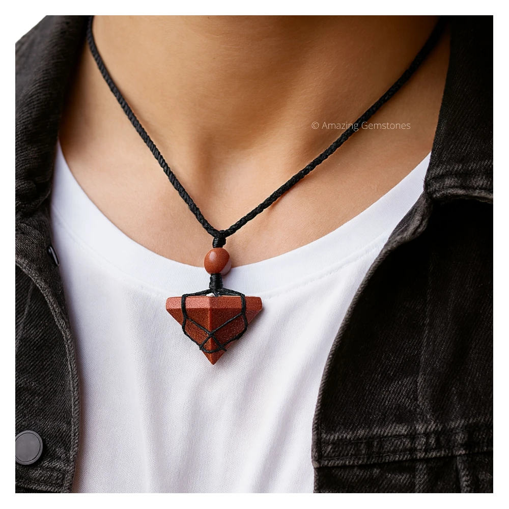 Red Goldstone Pyramid Pendant Necklace (Macrame)