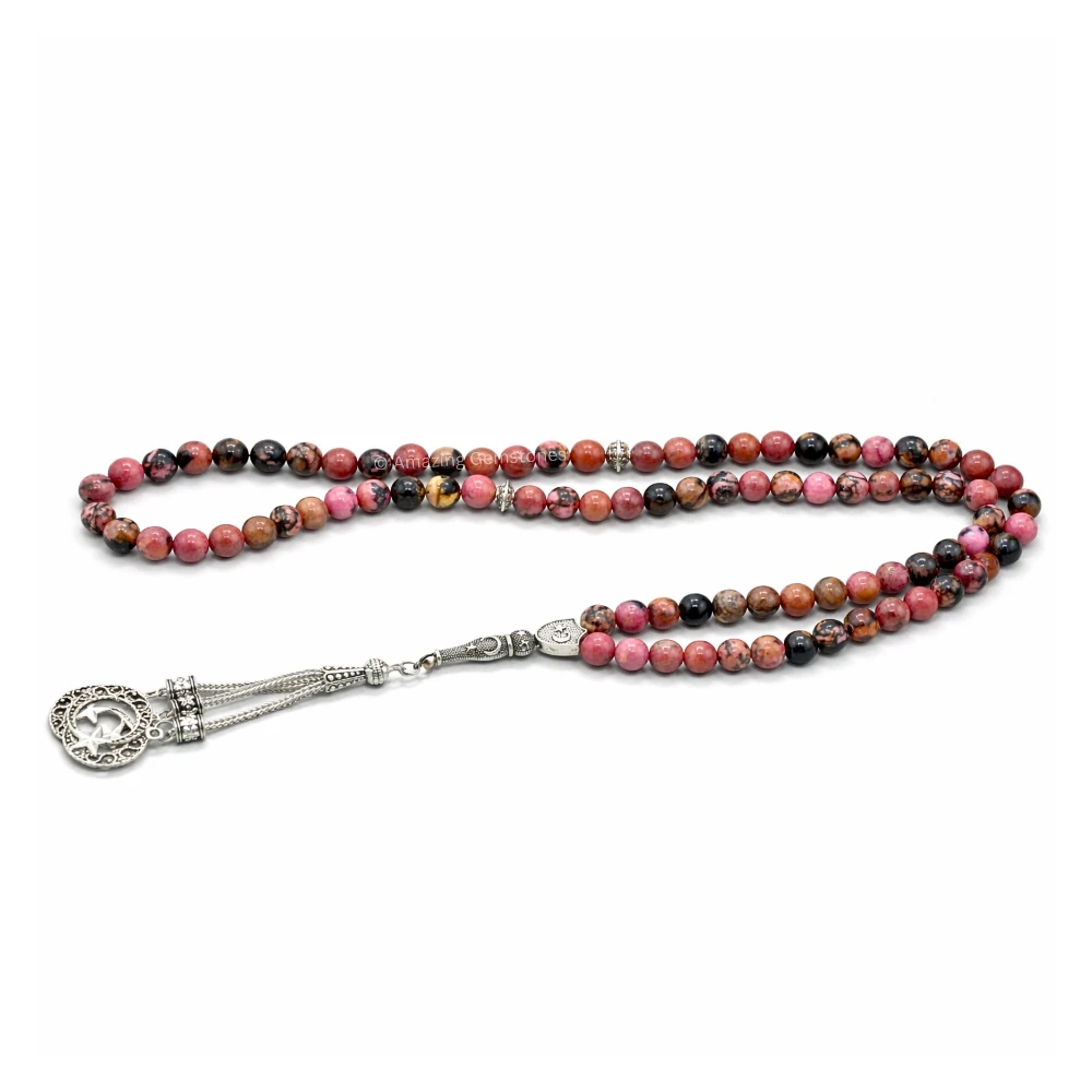 Rhodonite Crystal Tasbeeh Sibha Prayer Beads (Silver)