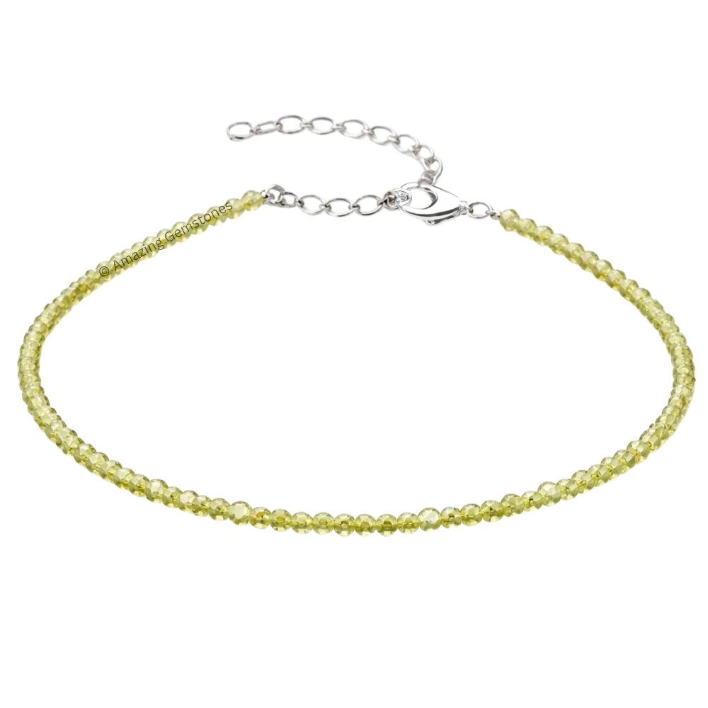 Peridot Crystal Anklet - 2mm Faceted Bead (Silver)