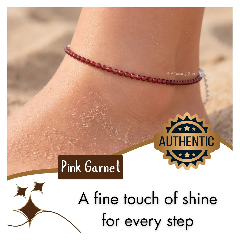 Pink Garnet Crystal Anklet - 2mm Faceted Bead (Silver)