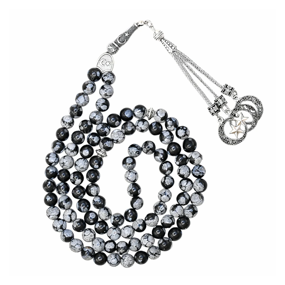Snowflake Obsidian Crystal Tasbeeh Sibha Prayer Beads (Silver)