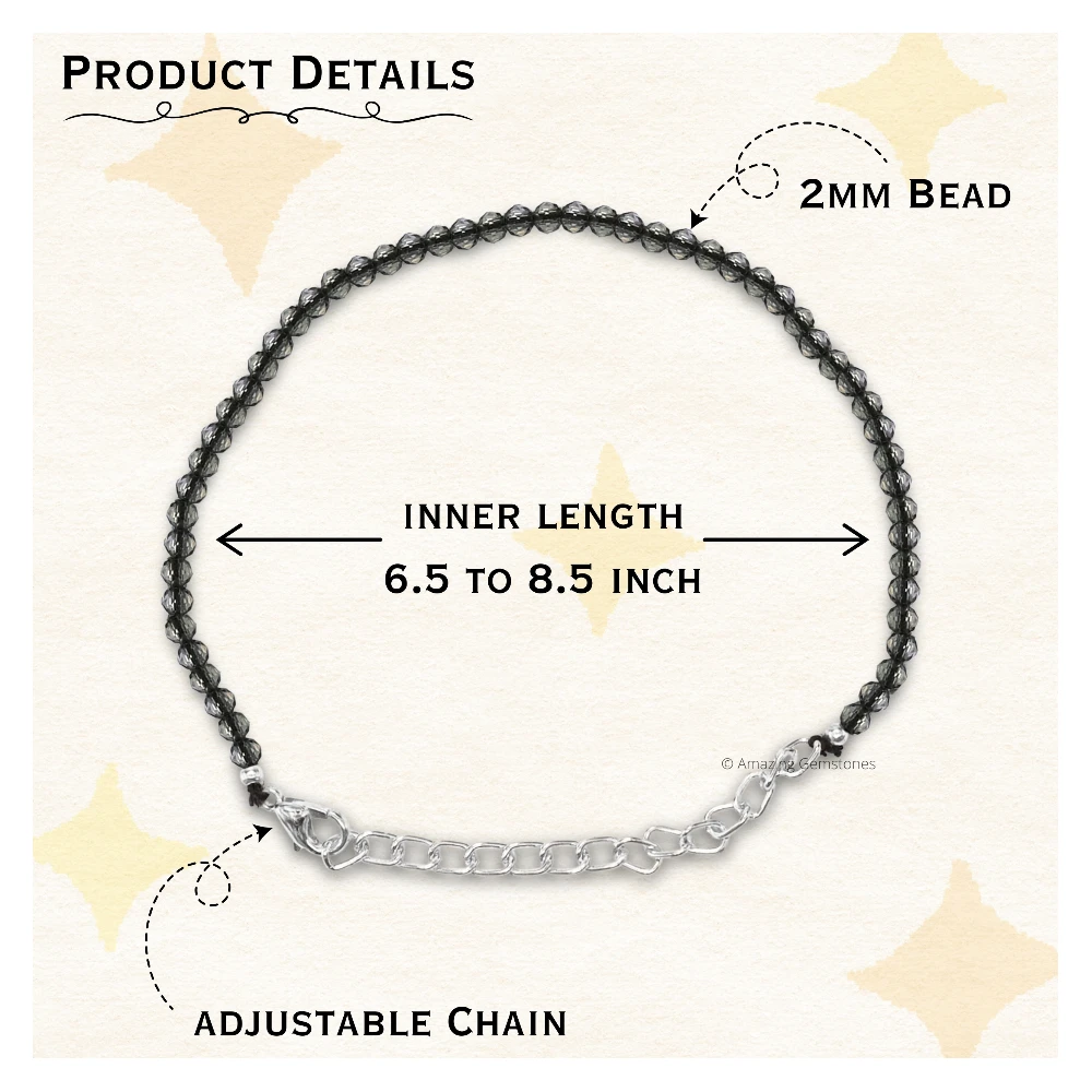 Smoky Quartz Crystal Bracelet - 2mm Faceted Bead (Silver)