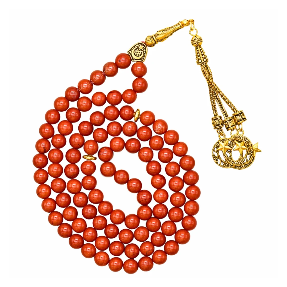 Red Jasper Crystal Tasbeeh Sibha Prayer Beads (Gold)