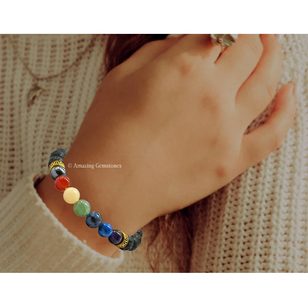 Lava Stone Chakra Bracelet (Strechable)