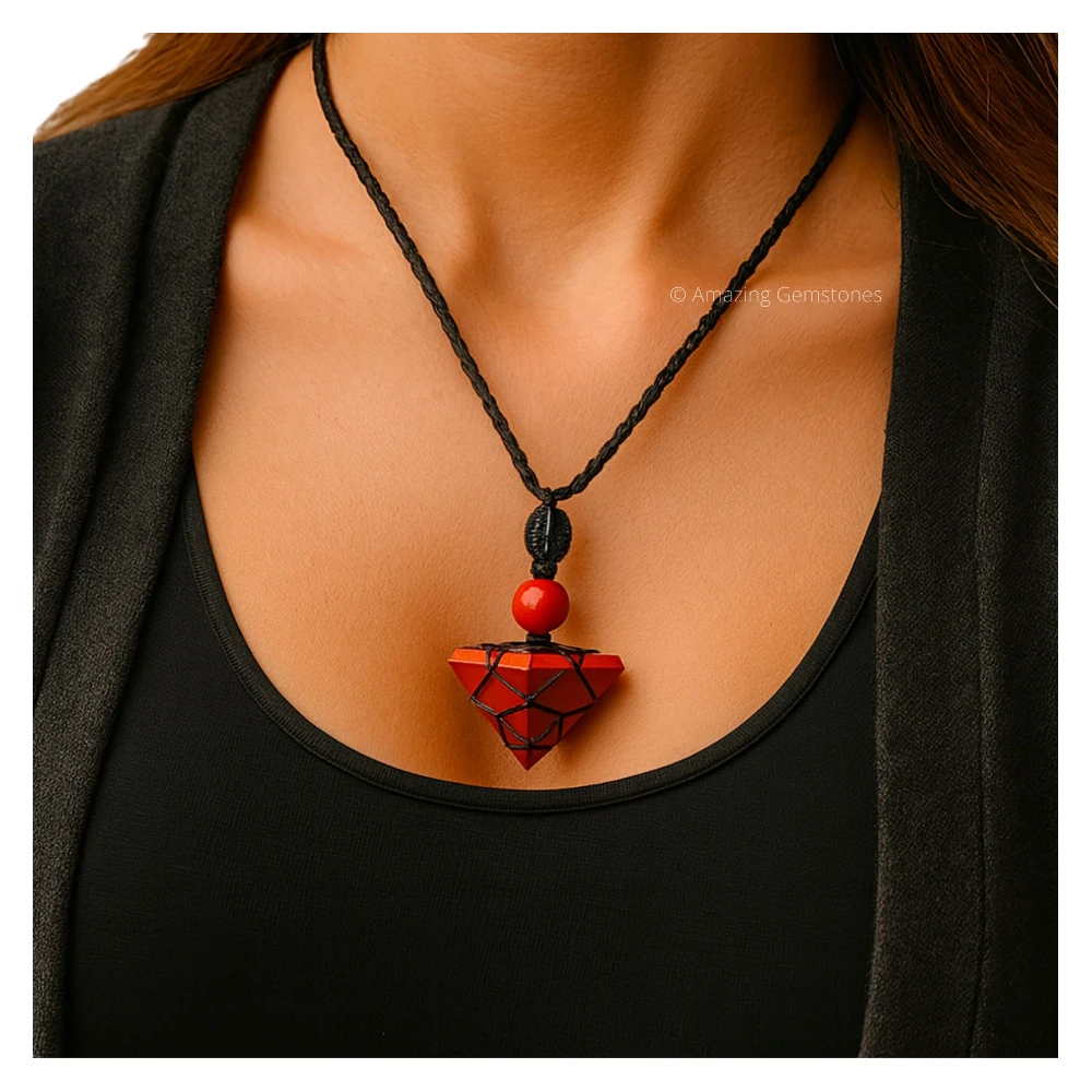 Red Jasper Pyramid Pendant Necklace (Macrame)
