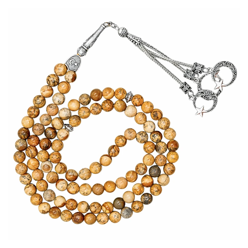 Picture Jasper Crystal Tasbeeh Sibha Prayer Beads (Silver)