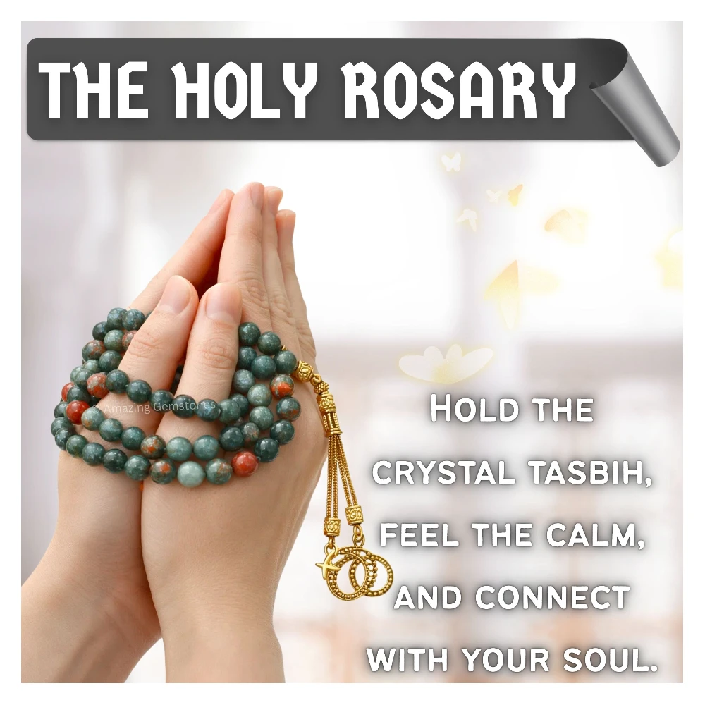 African Bloodstone Crystal Tasbeeh Sibha Prayer Beads (Gold)