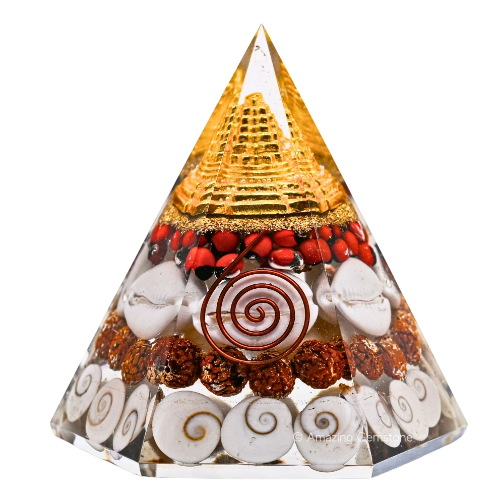 Shri Yantra Gomati Chakra Rudraksha Pyramid - Hexagonal Wealth Pyramid