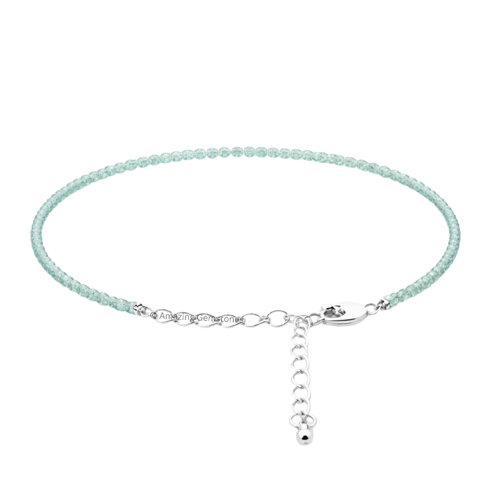 Aqua Chalcedony Crystal Anklet - 2mm Faceted Bead (Silver)