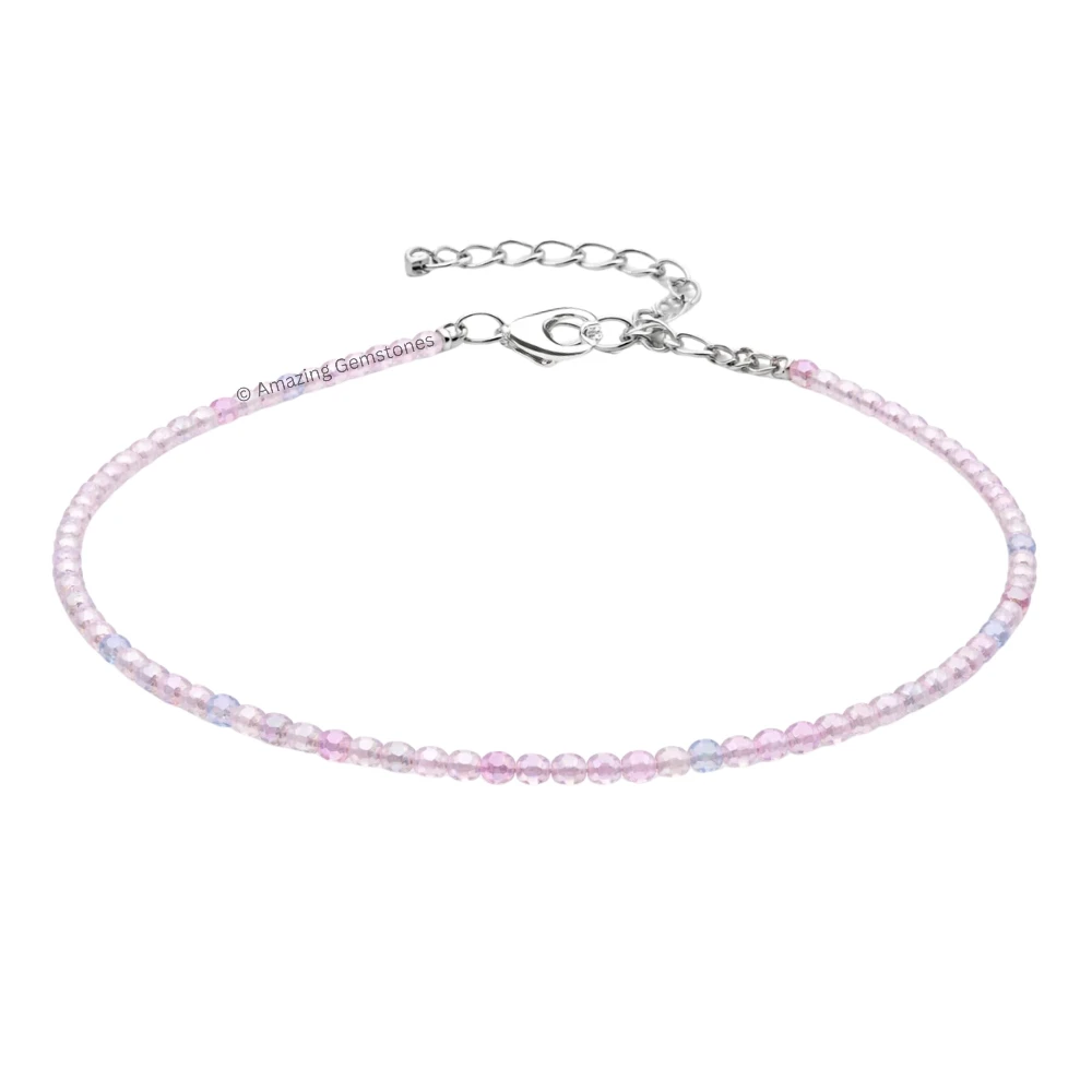 Pink Aqua Crystal Anklet - 2mm Faceted Bead (Silver)
